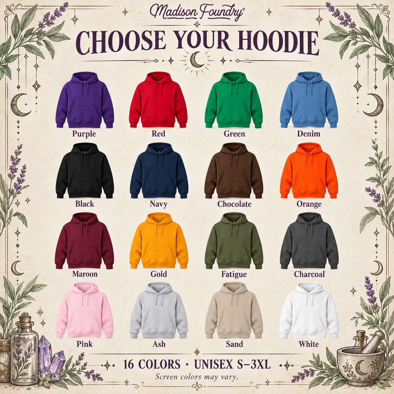 Sixteen hoodie color choices on a parchment and botanical chart