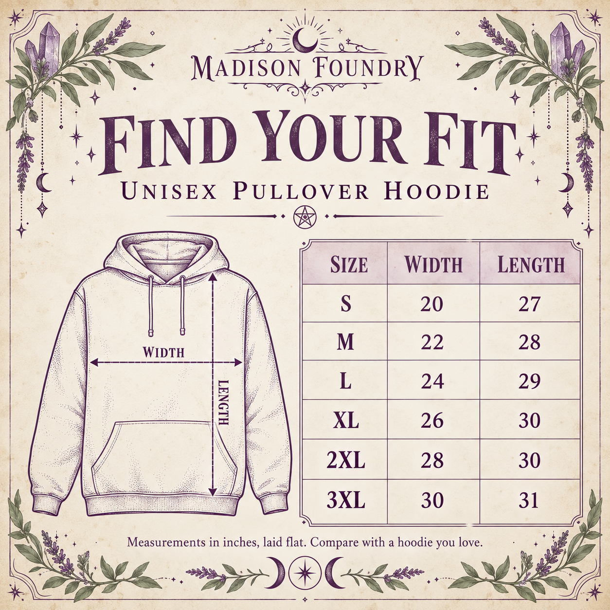 Unisex hoodie size chart S to 3XL with flat width and length in inches