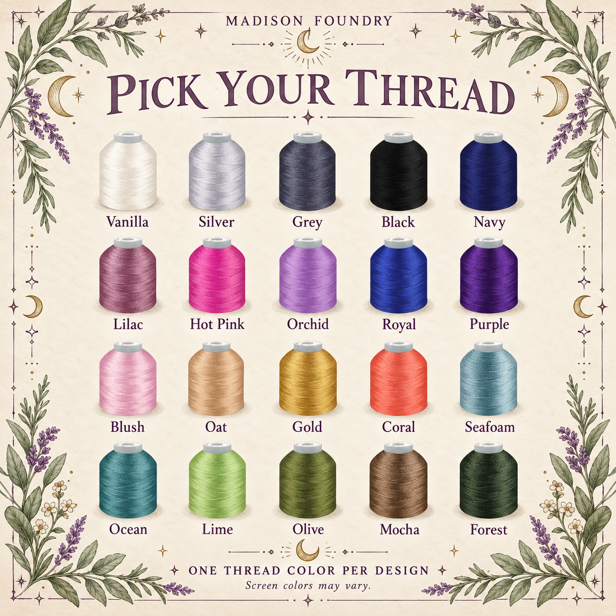 Twenty embroidery thread colors from Vanilla to Forest on a botanical parchment chart
