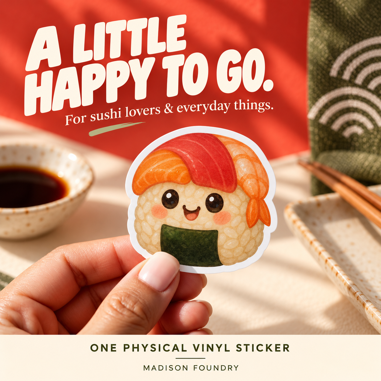 A Little Happy to Go — hand-held sushi sticker