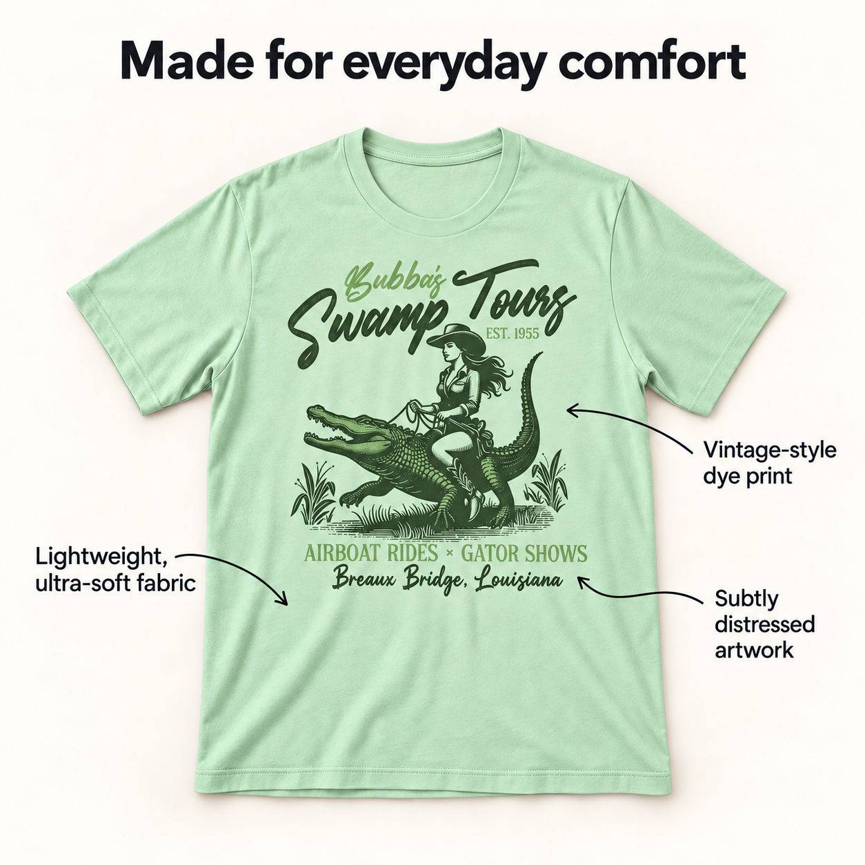 Swamp Tours tee fabric and print details