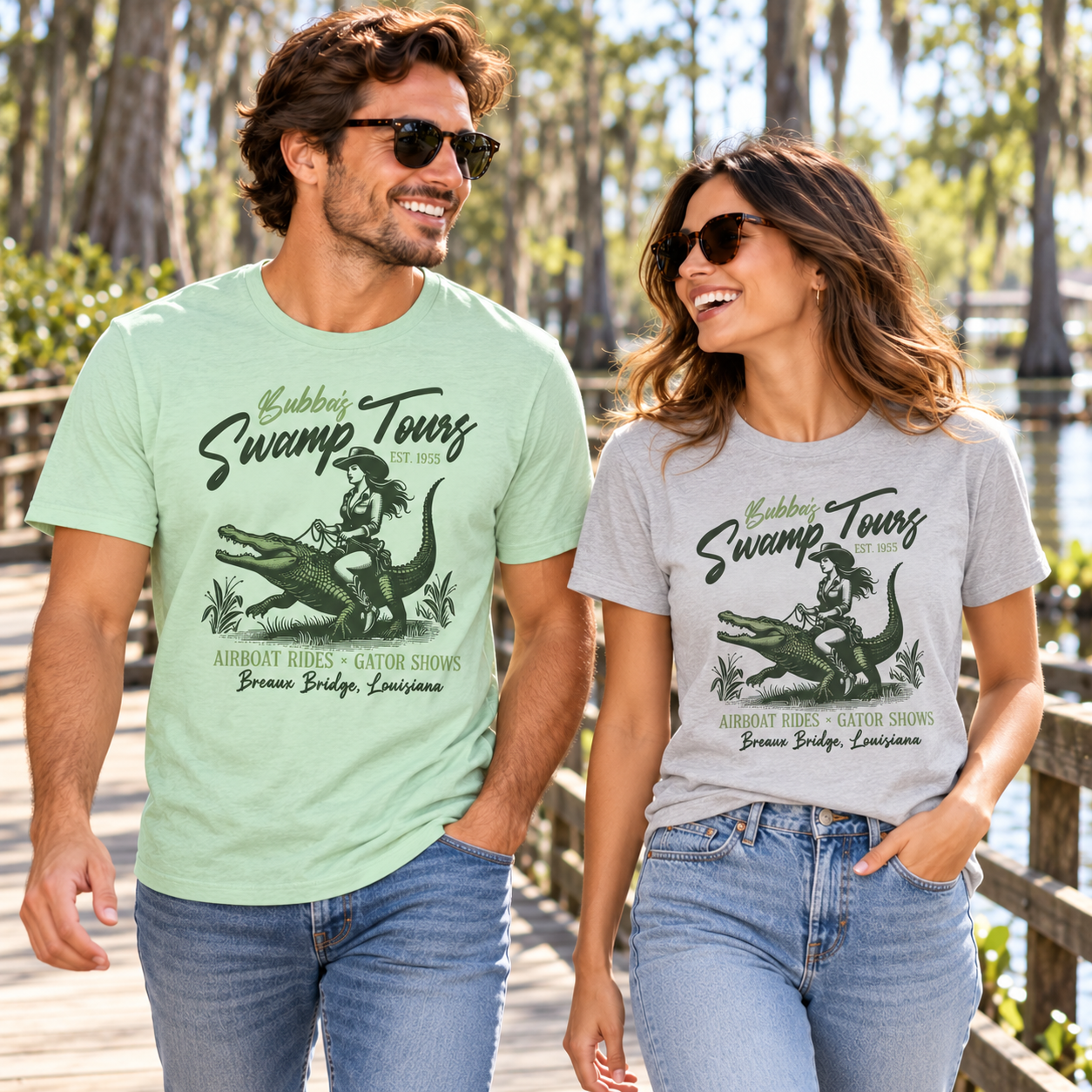 Man and woman wearing Swamp Tours Pin-Up tees on a bayou boardwalk