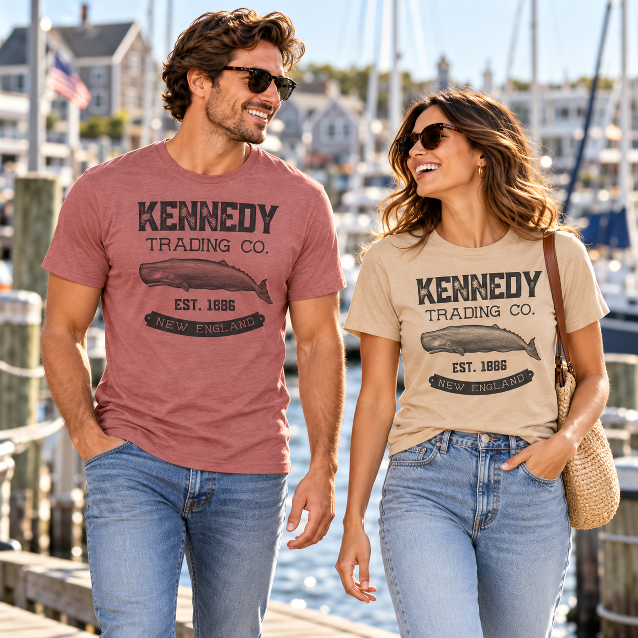 Man and woman wearing Kennedy Trading Co tees at a harbor