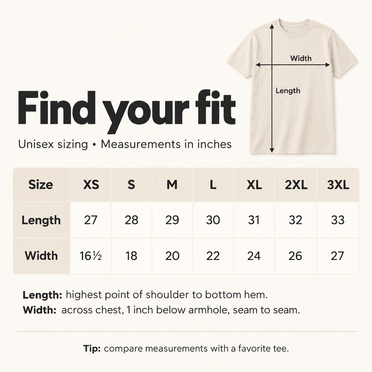 Find your fit unisex tee sizing chart