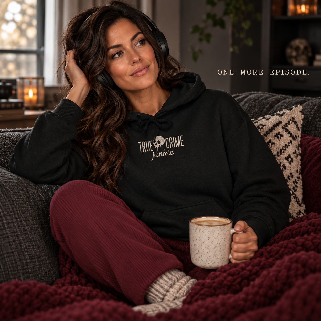 True Crime Junkie black hoodie worn while listening to a podcast