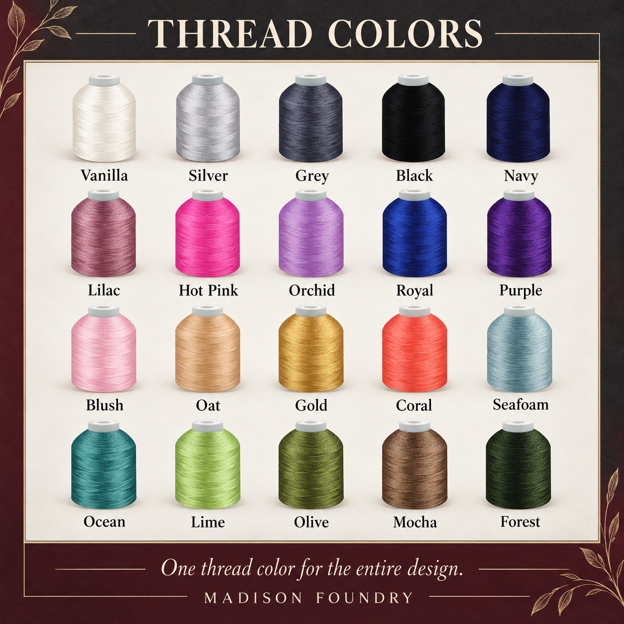 Twenty embroidery thread color choices