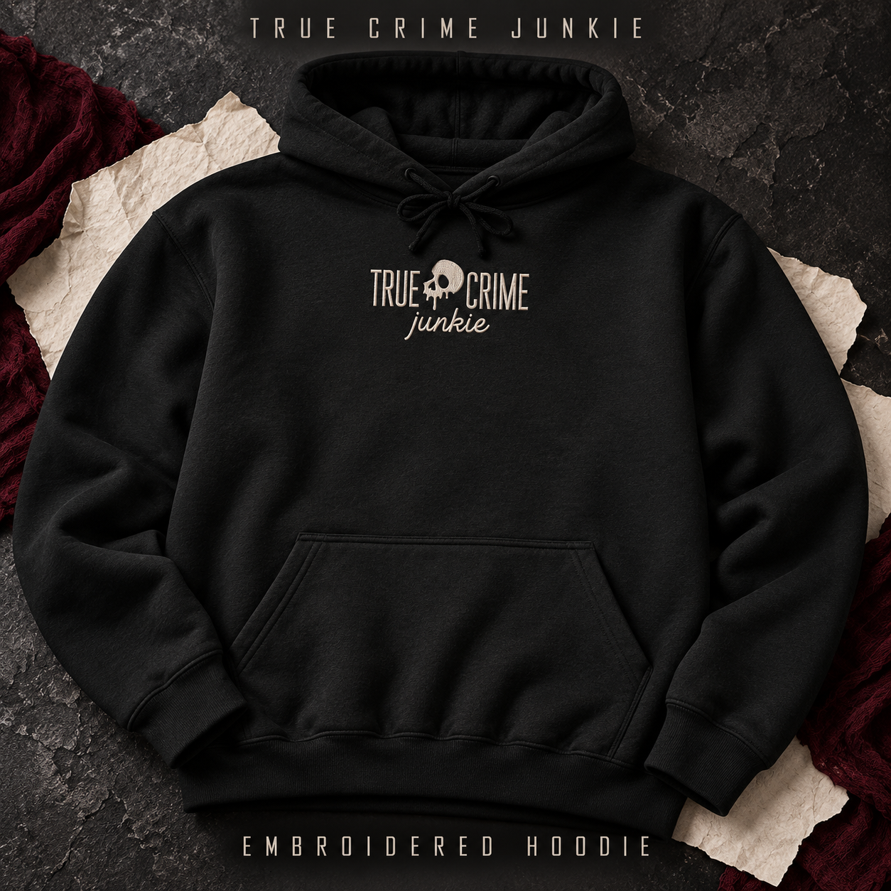 Black True Crime Junkie hoodie with vanilla skull embroidery