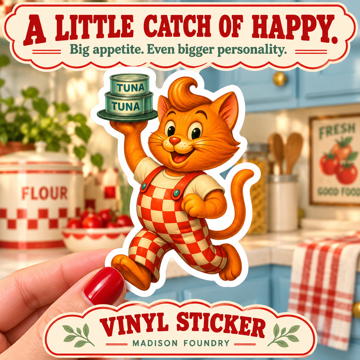 A Little Catch of Happy — hand-held tuna loving cat sticker