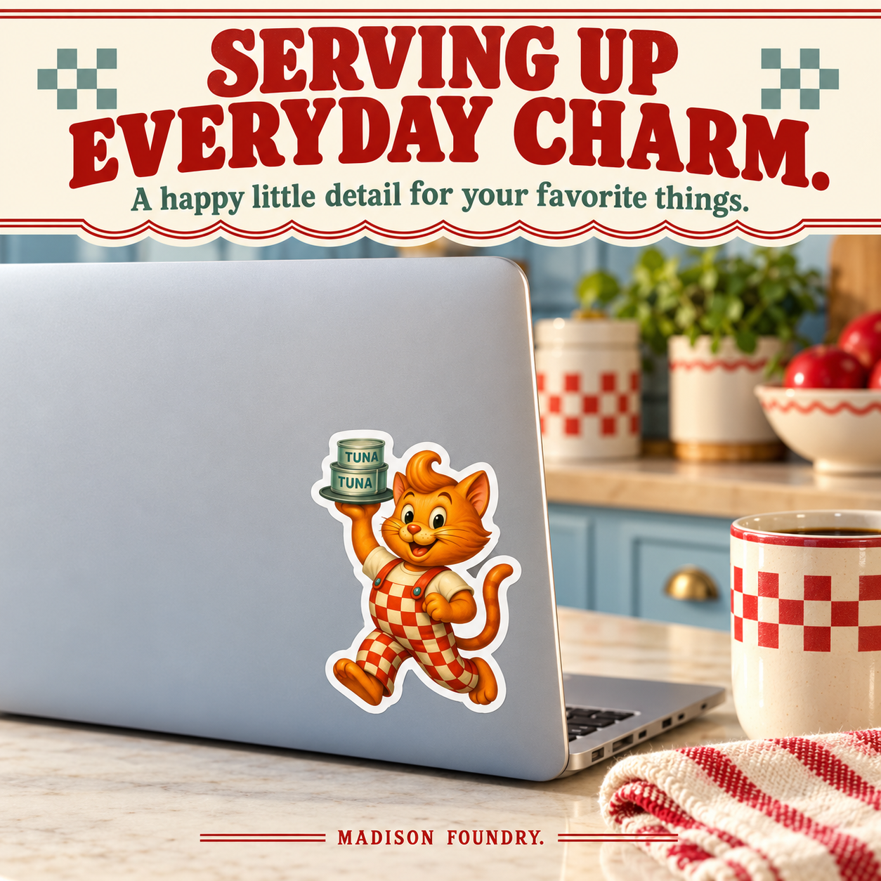 Serving Up Everyday Charm — tuna cat sticker on kitchen laptop