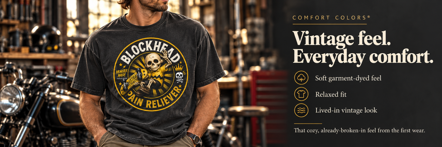 Comfort Colors Blockhead charcoal tee — vintage feel, everyday comfort