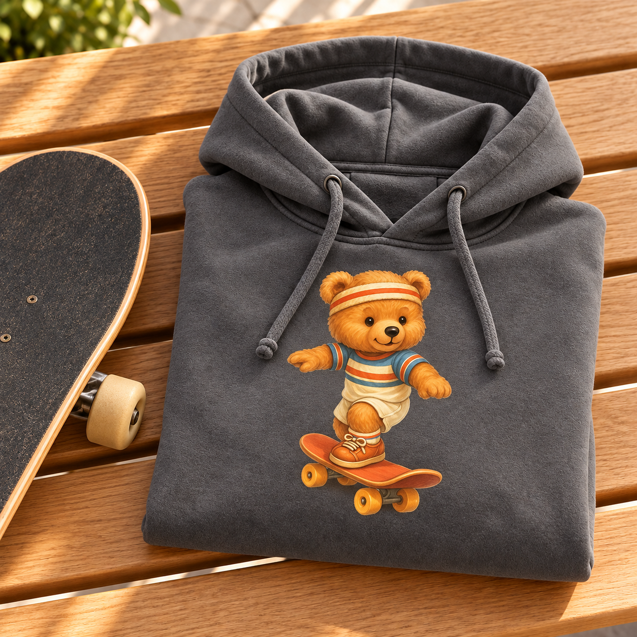 Folded charcoal Skateboarding Bear Hoodie beside skateboard