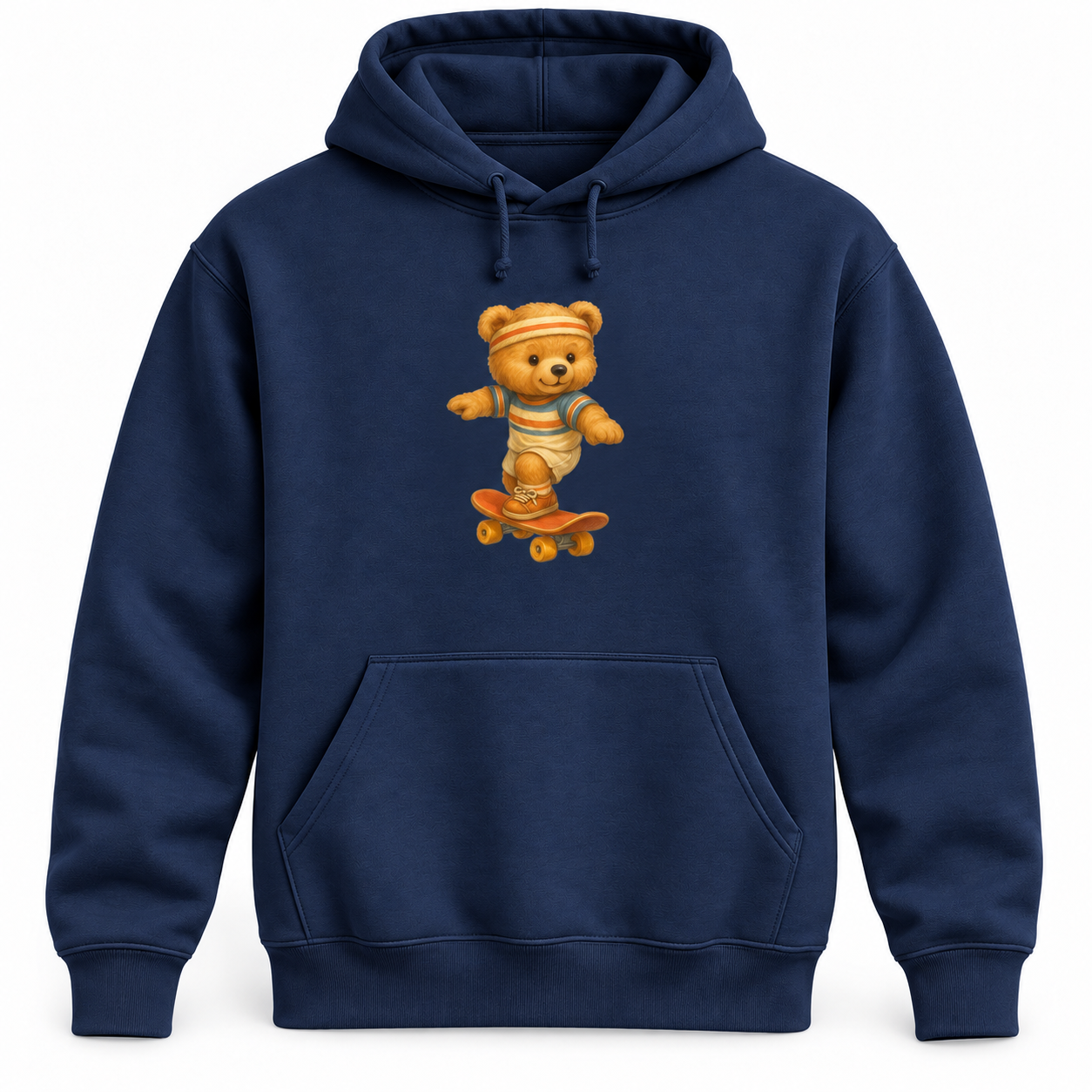 Navy Vintage Skateboarding Bear Hoodie on white background