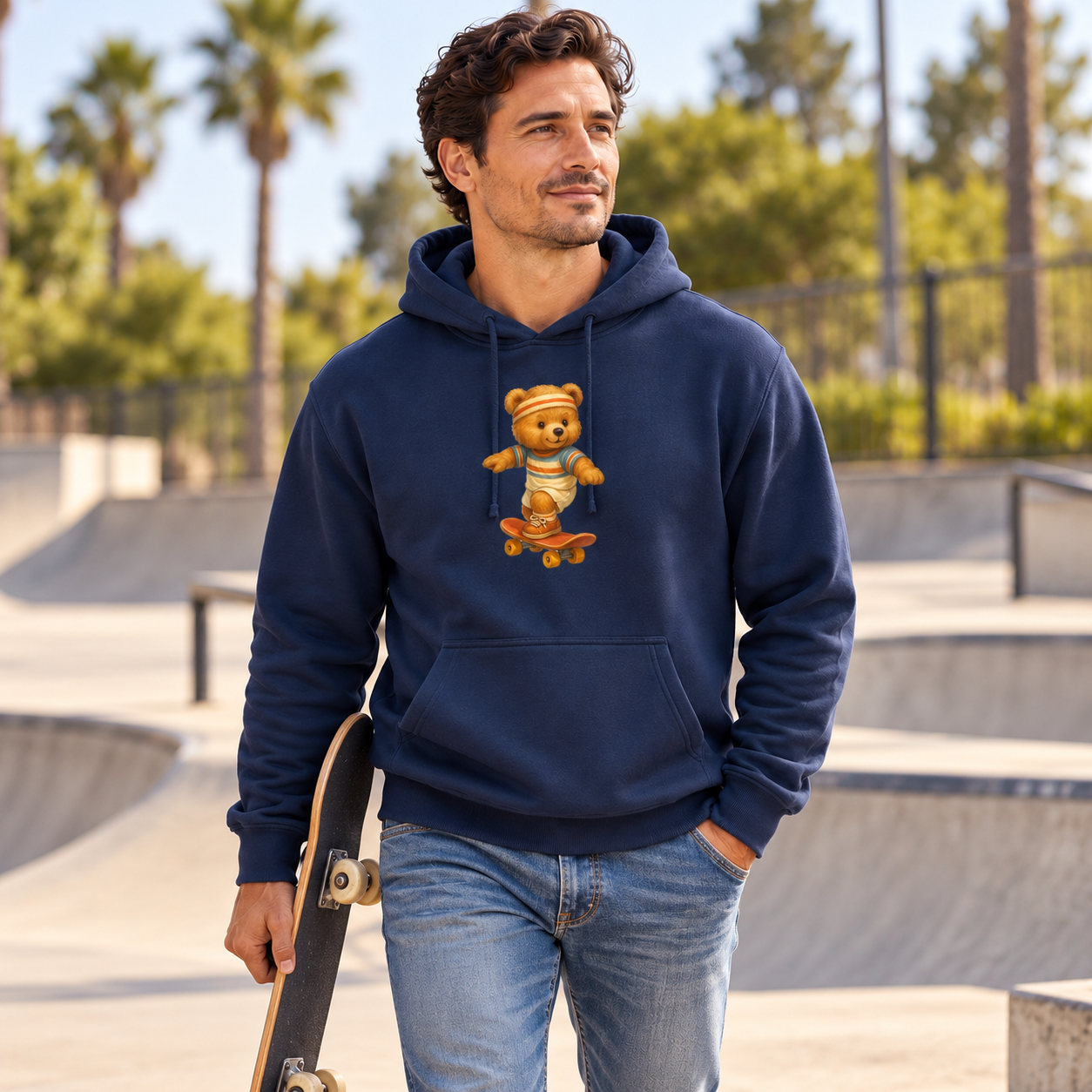 Man wearing navy Skateboarding Bear Hoodie at skatepark