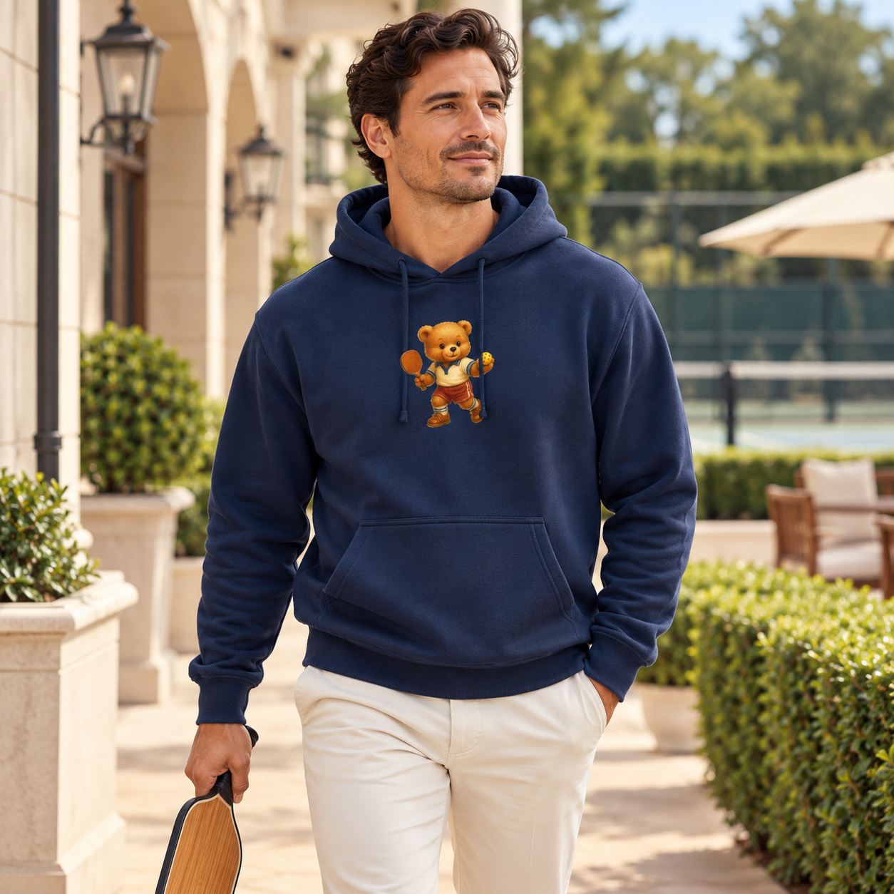 Navy Hoodie at the Pickleball Clubhouse