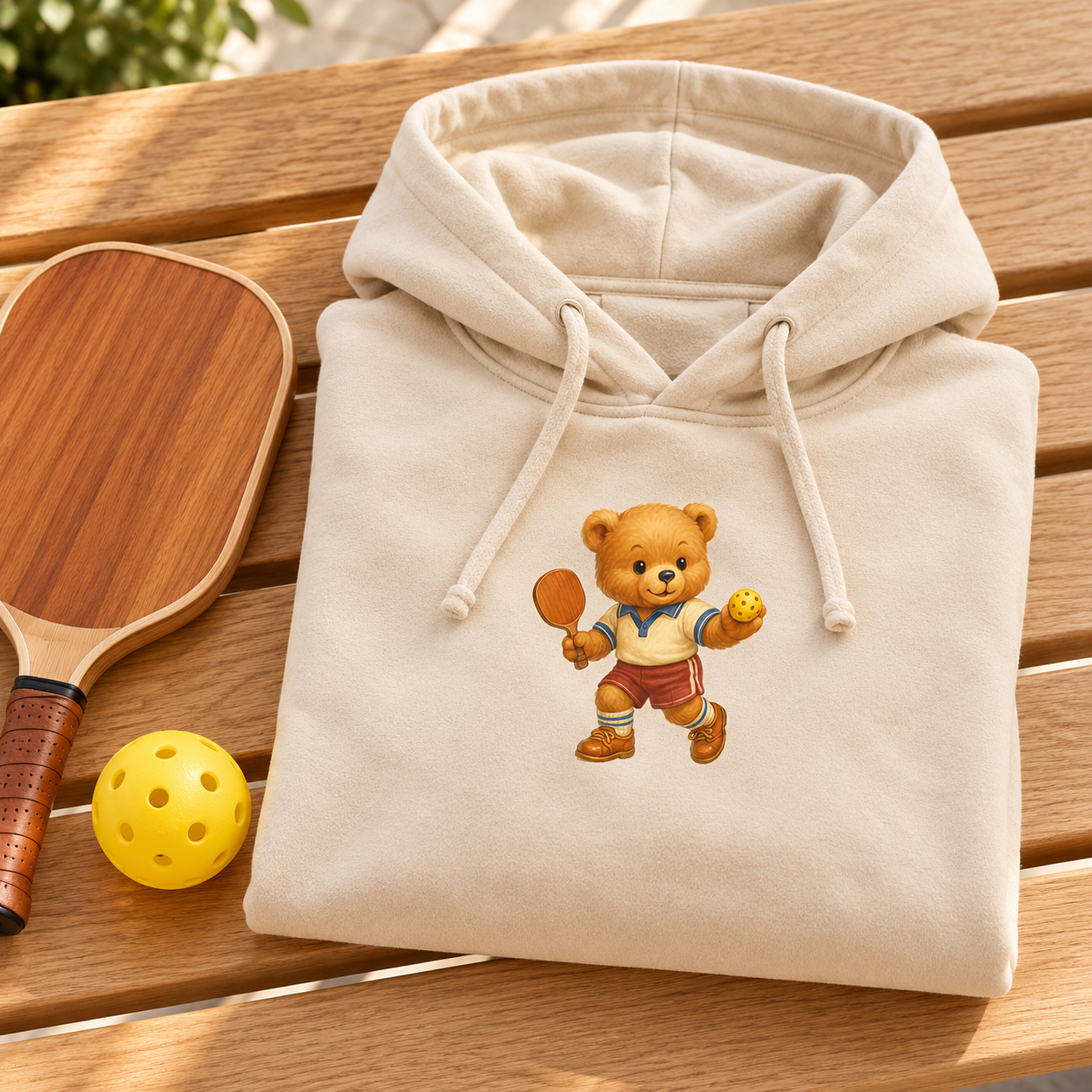 Folded bear pickleball hoodie on oak bench
