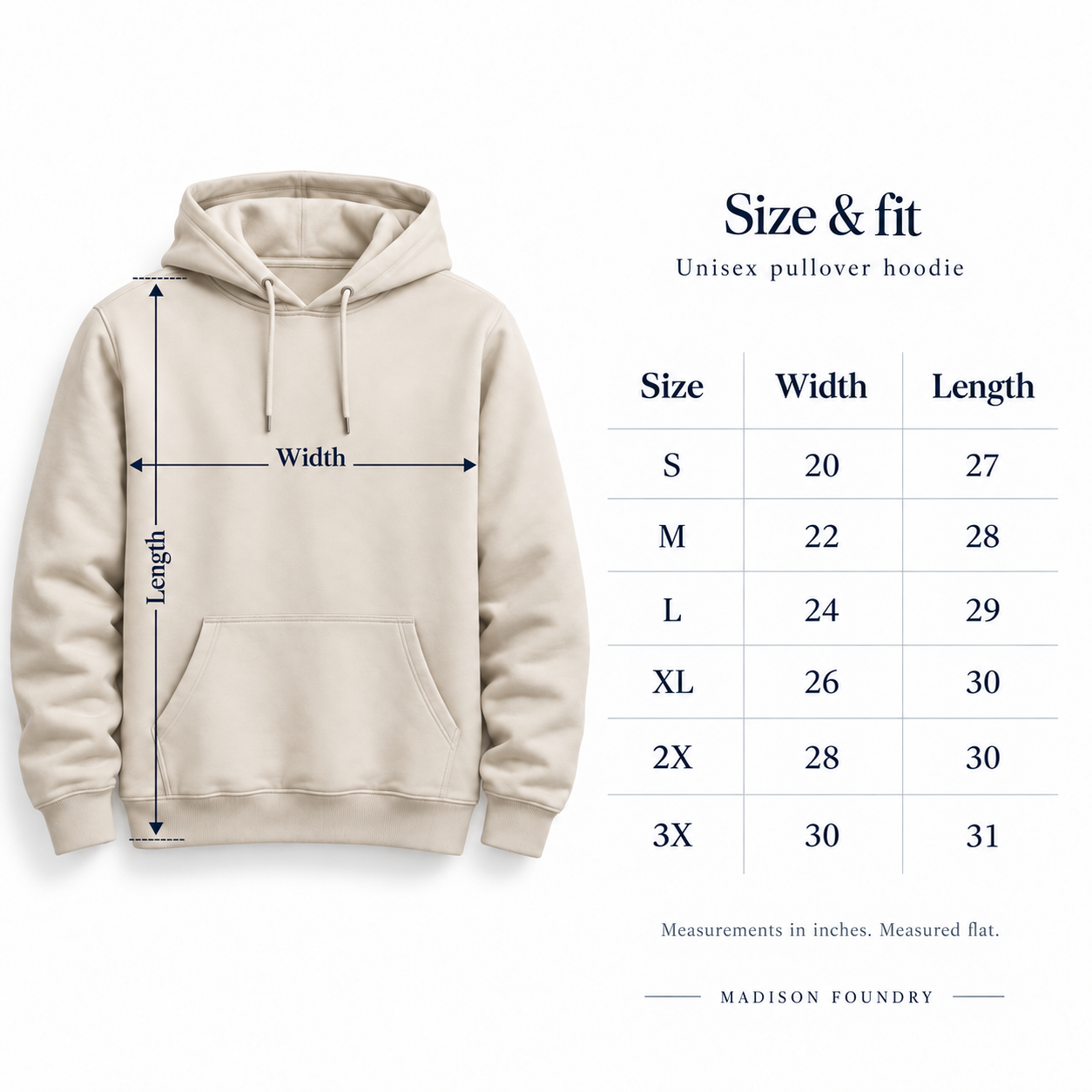 Refined Navy Hoodie Size Chart