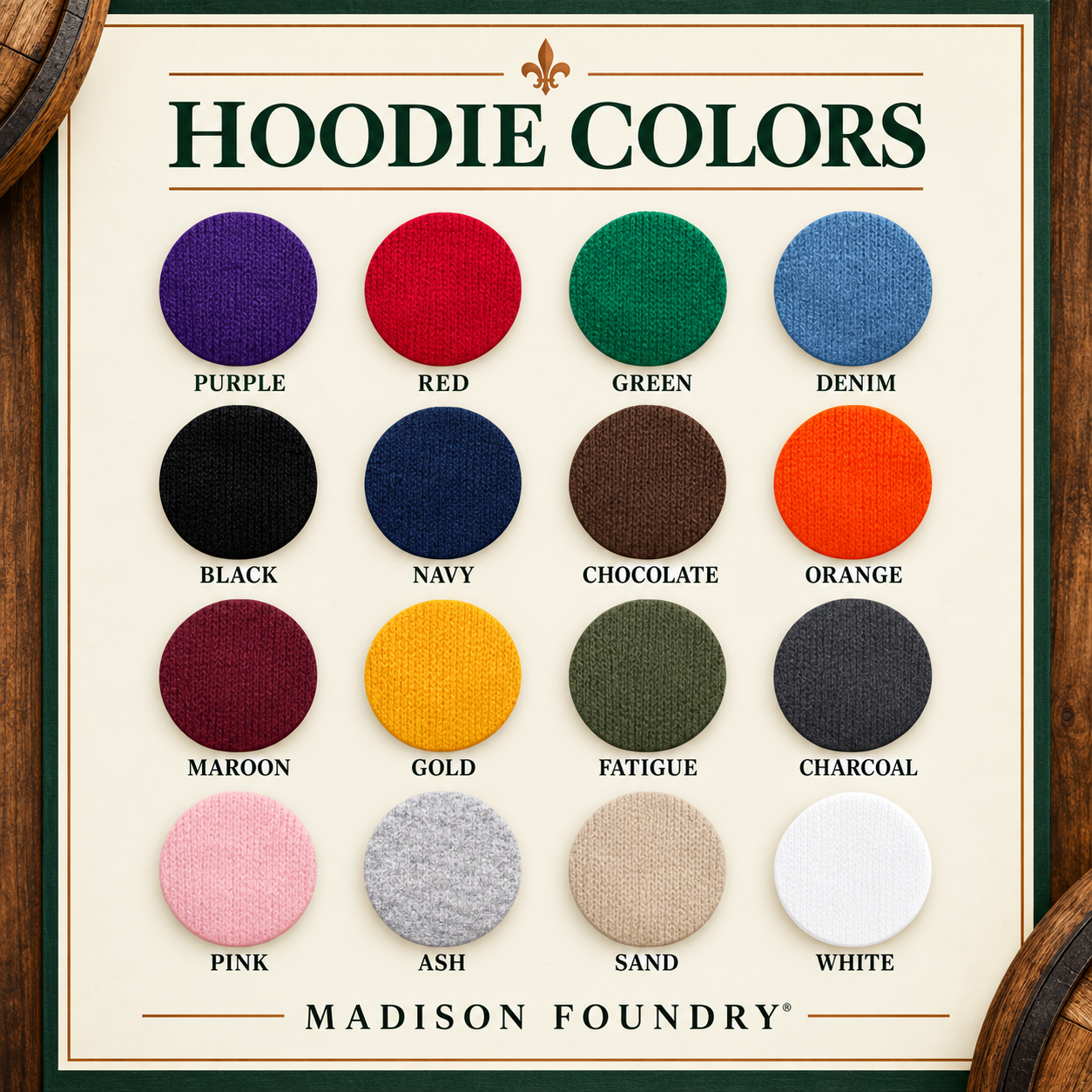 Sixteen hoodie colors in a Kentucky bourbon-inspired chart