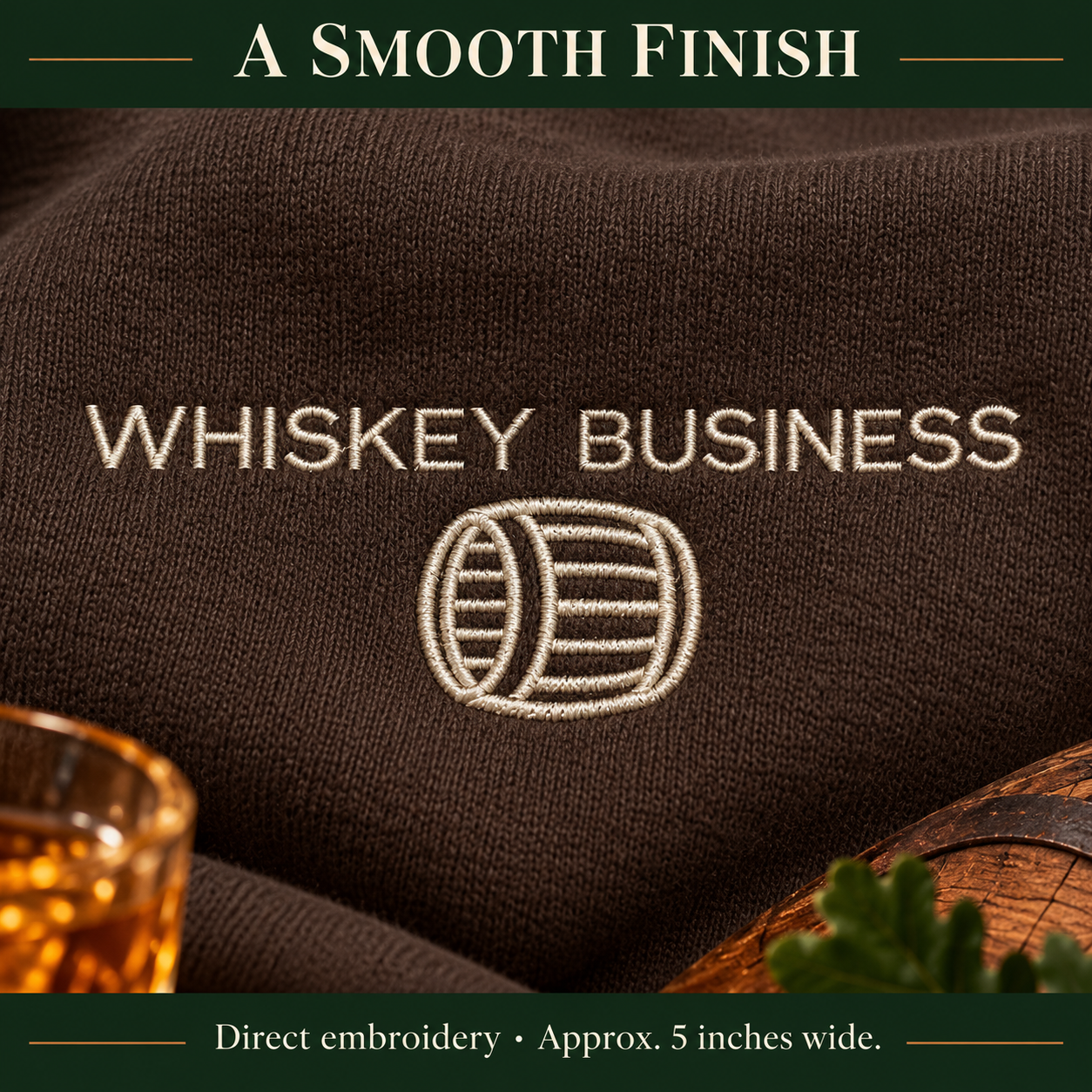 Macro close-up of Vanilla Whiskey Business barrel embroidery on Chocolate fleece