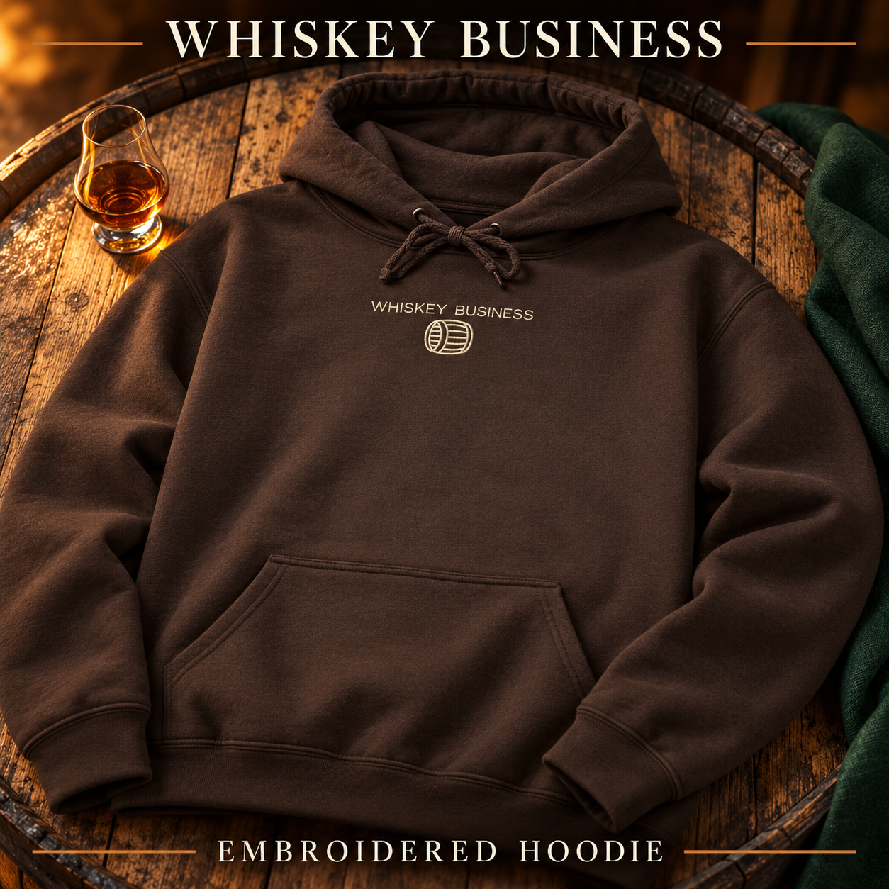 Chocolate Whiskey Business embroidered hoodie on oak barrel with amber bourbon