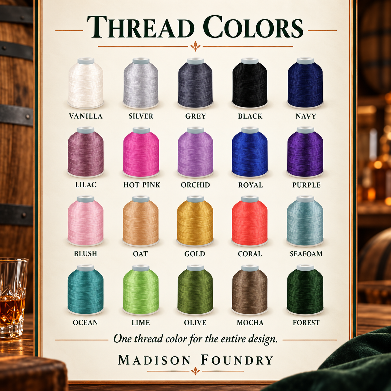 Twenty embroidery thread colors with Kentucky bourbon barrel styling