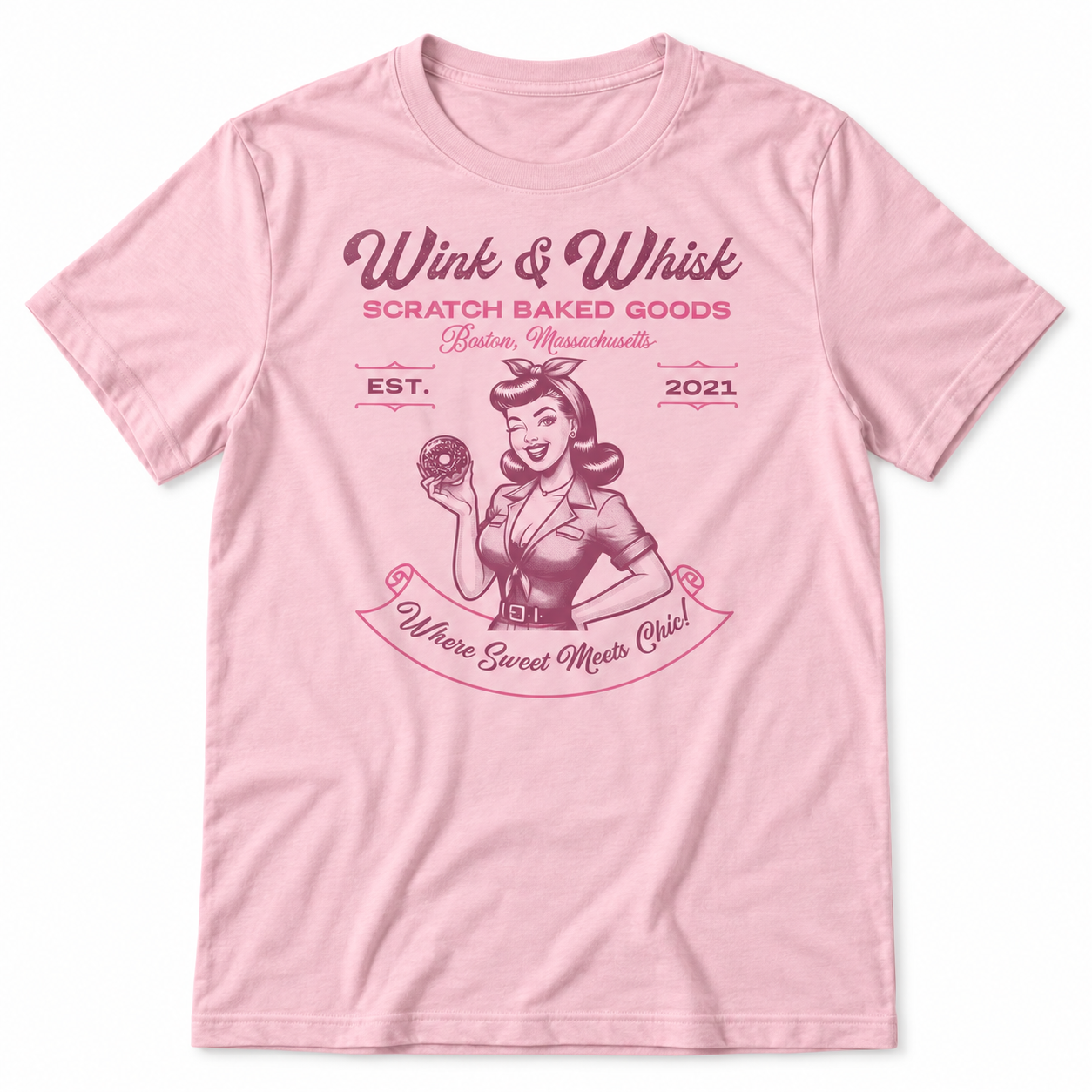 Wink and Whisk bakery tri-blend tee in Pink