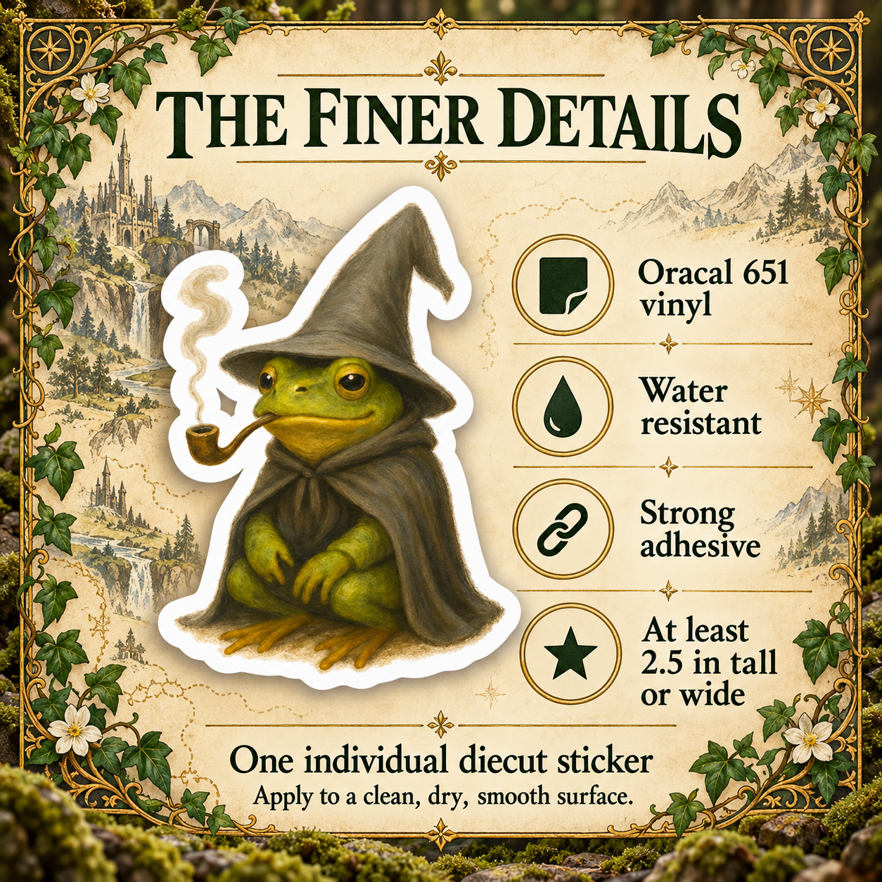 Wizard Frog sticker vinyl, water resistance, adhesive and size details.