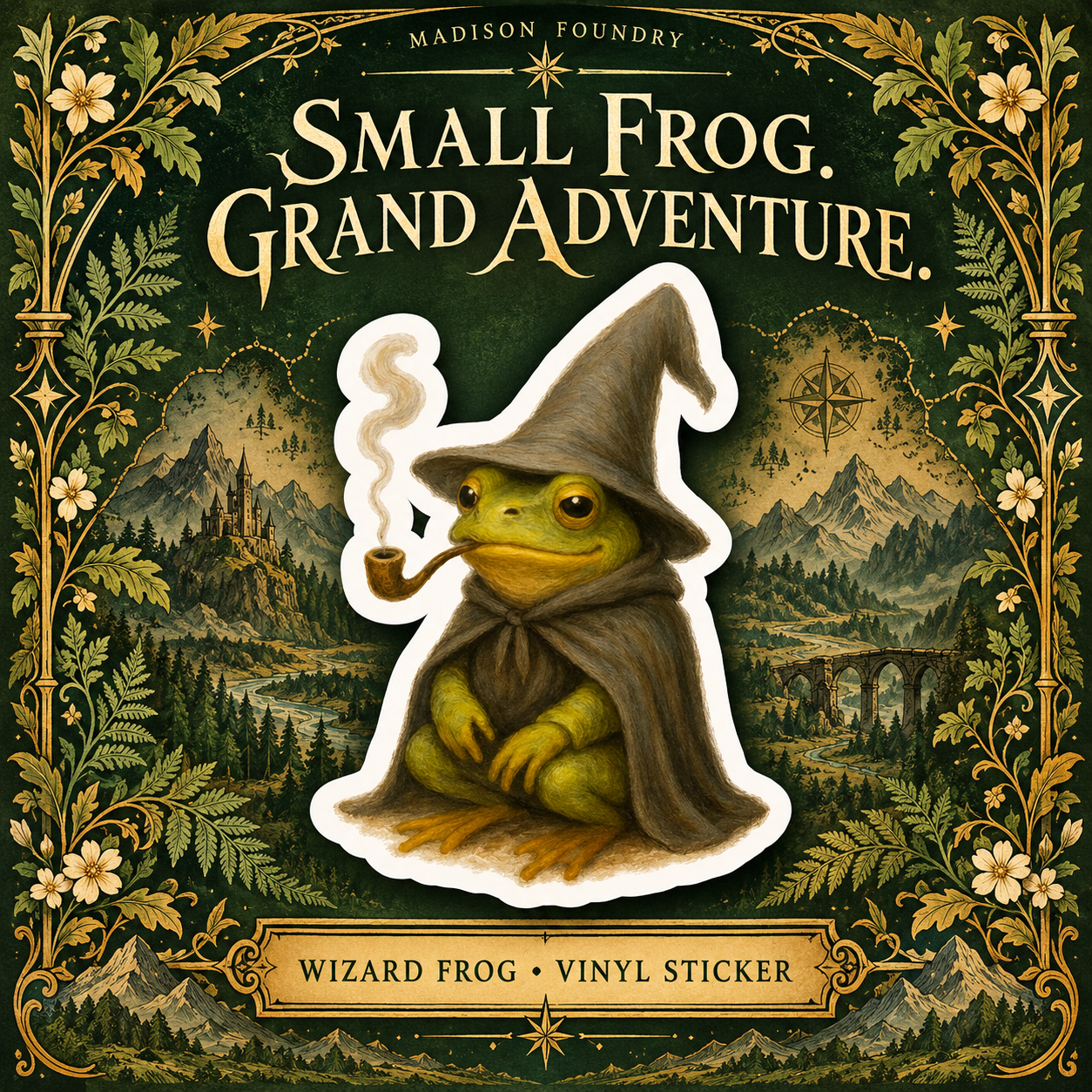 Wizard Frog sticker on forest-green fantasy book-cover design; Small Frog. Grand Adventure.