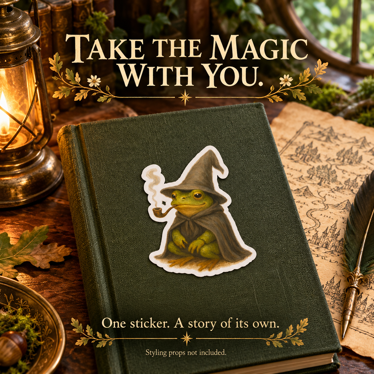 Wizard Frog sticker styled on a green journal in a lantern-lit study; props not included.