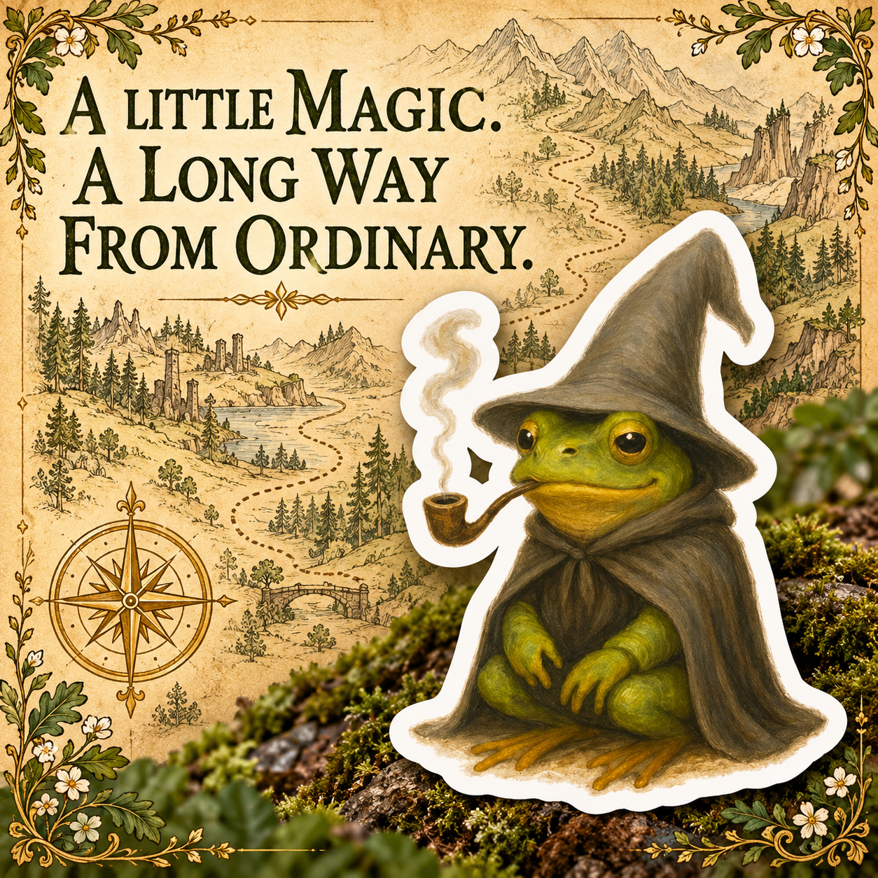 Wizard Frog sticker on parchment adventure map; A Little Magic. A Long Way From Ordinary.
