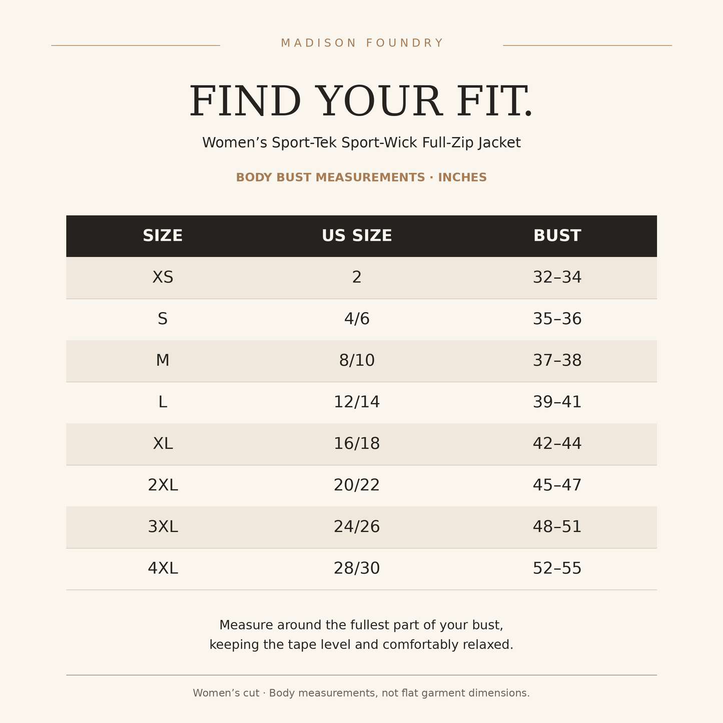 Women’s bust and US size chart XS–4XL