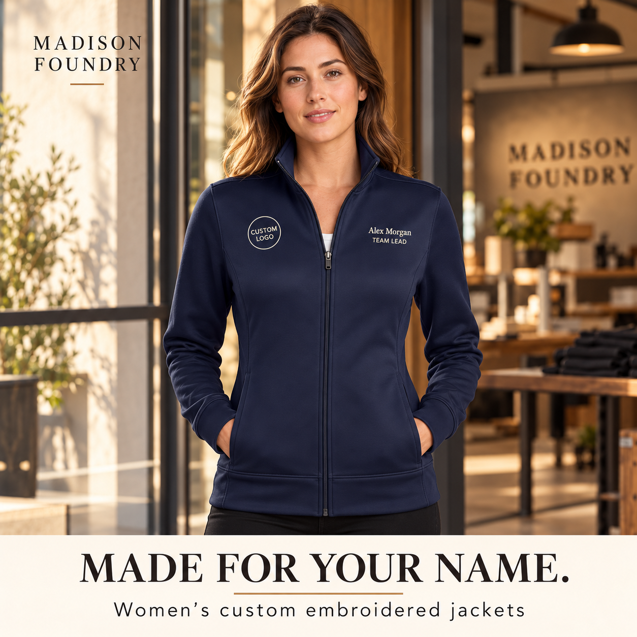 Women’s navy jacket with custom embroidered name title and opposite chest logo