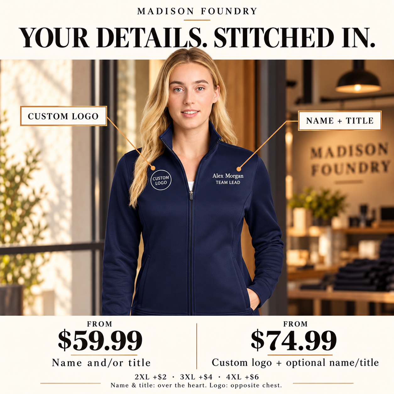 Women’s embroidery placements and pricing with size surcharges