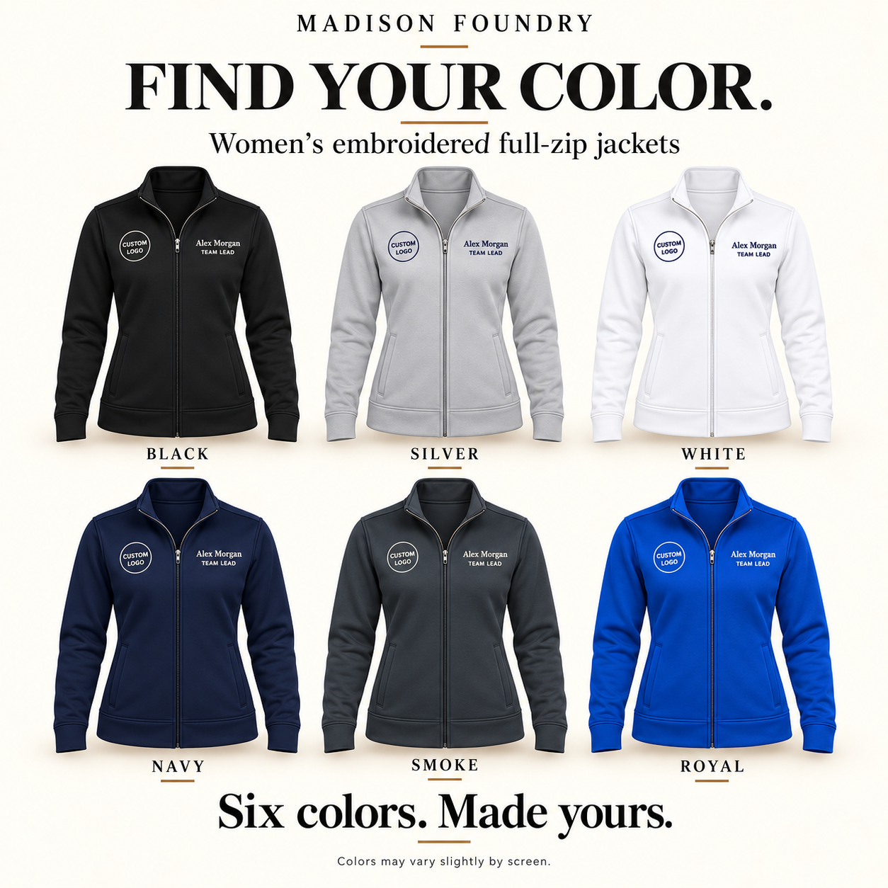 Women’s jacket colors Black Silver White Navy Smoke and Royal