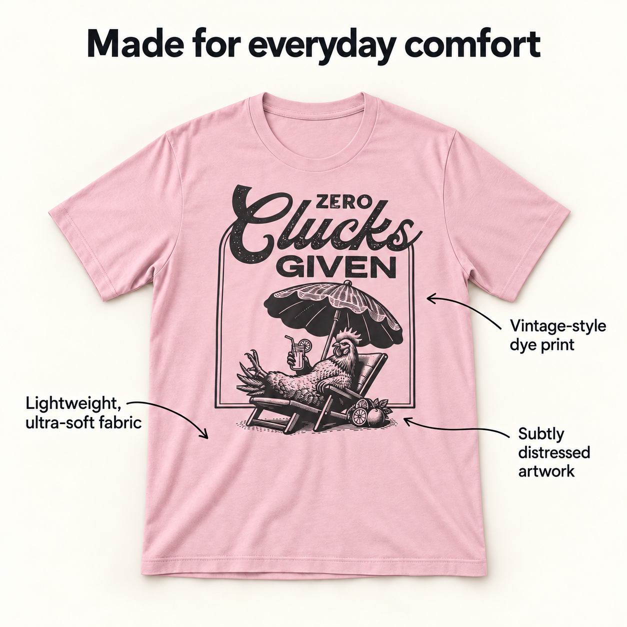 Zero Clucks Given tee fabric and print details