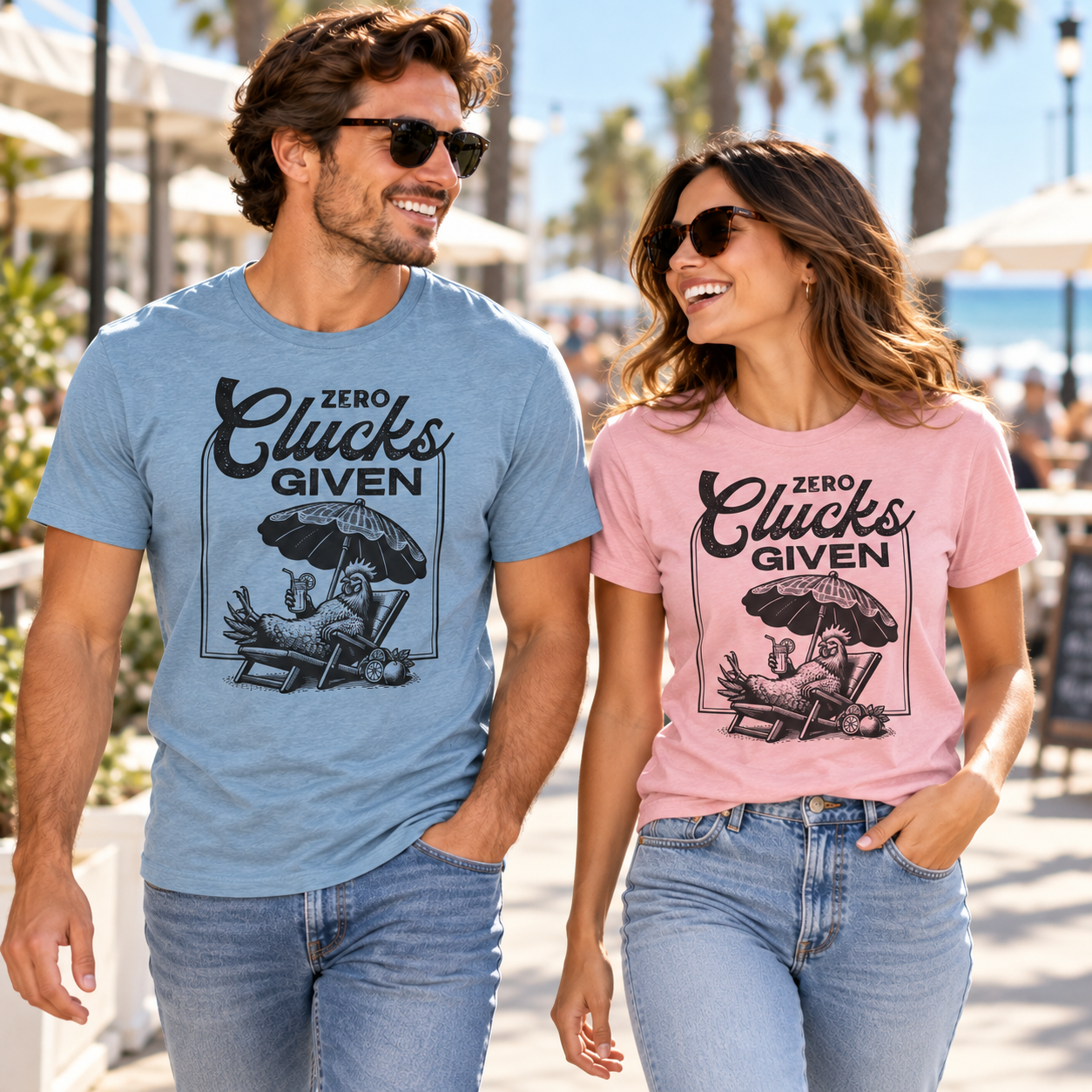 Man and woman wearing Zero Clucks Given tees on a beachside promenade